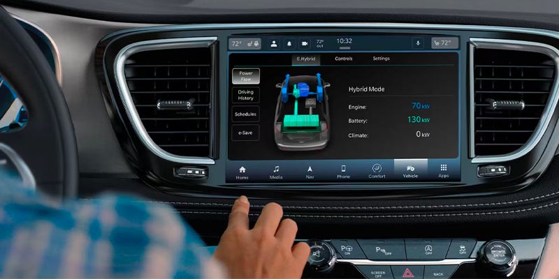 Close-up of a Chrysler Pacifica infotainment touchscreen displaying hybrid vehicle energy flow information
